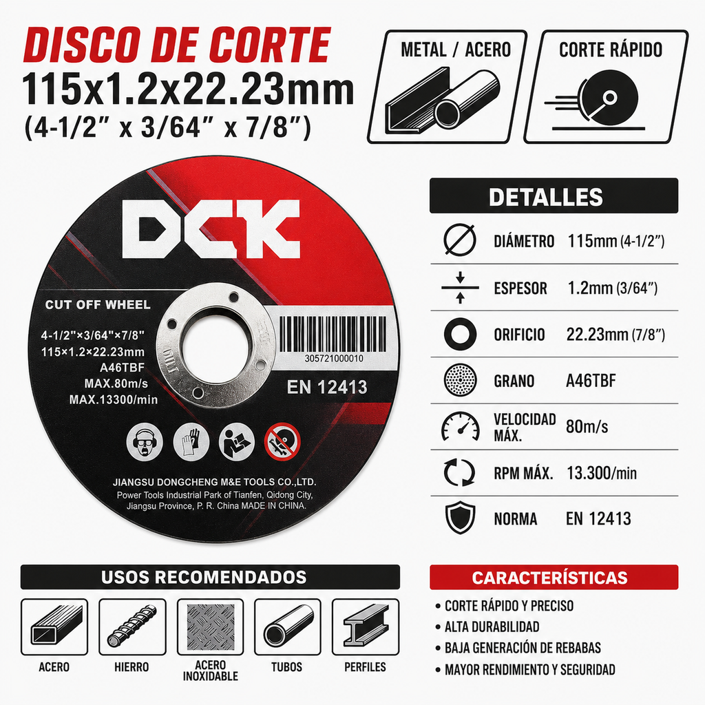 Pack 25 Discos De Corte A46 Acero Metal 115x1.2 Dck Tbf Negro
