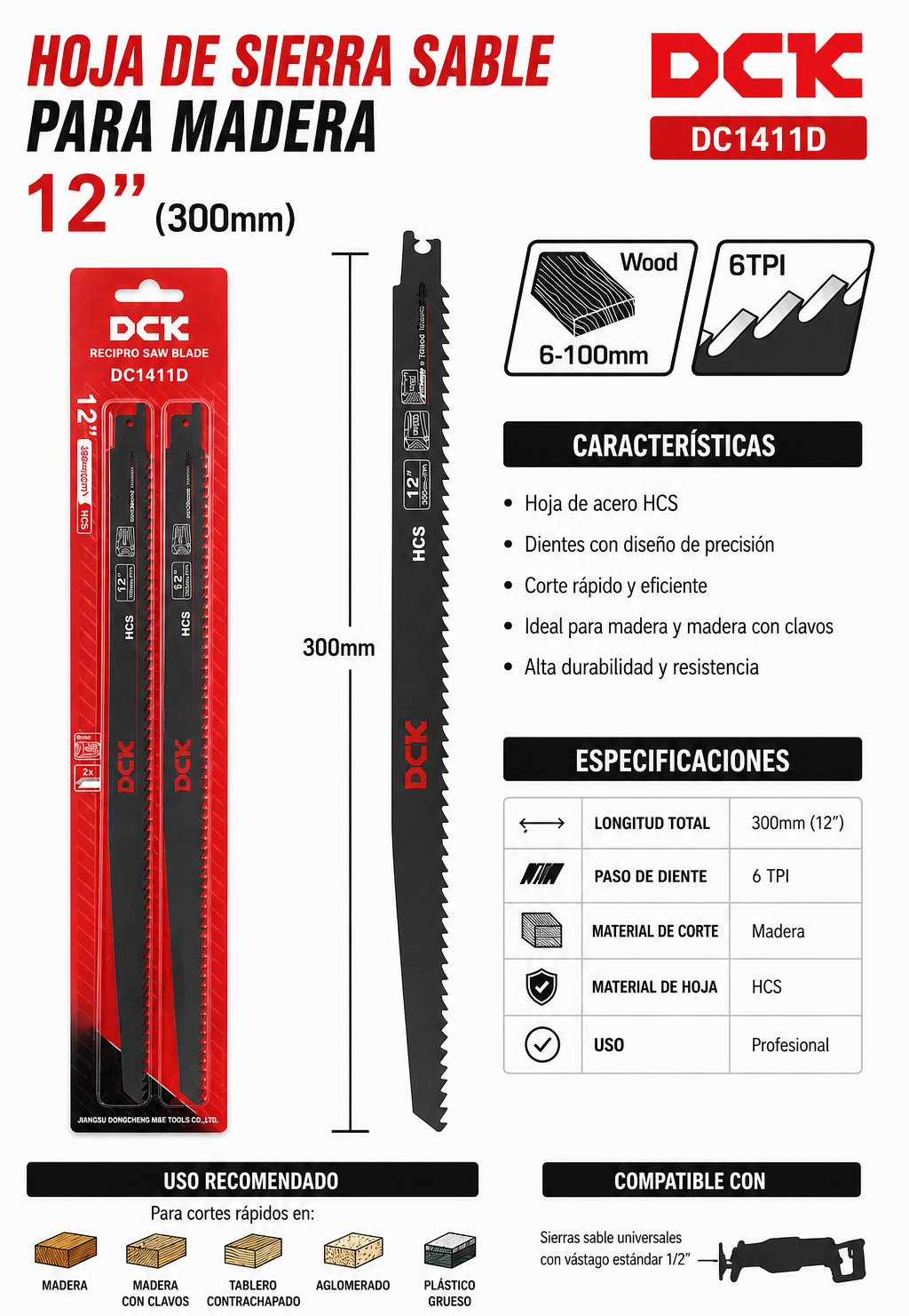 Set Hoja De Sierra Sable 12" Para Madera 6 Unidades Pack