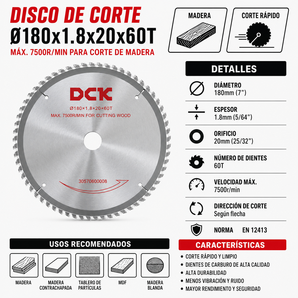 Disco De Sierra Circular 7 1/4" 185mm 60 Dientes Para Madera Dck